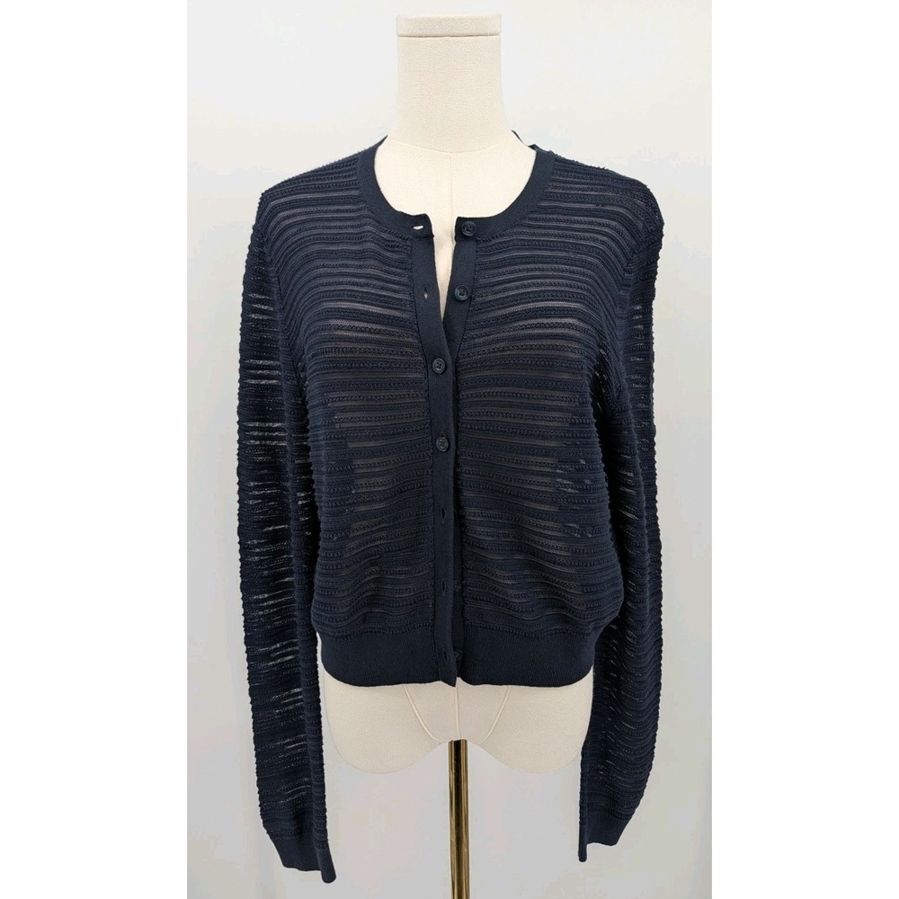 Brooks Brothers Cardigan Womens Large Extra Fine Cropped Navy Open Knit Ribbed